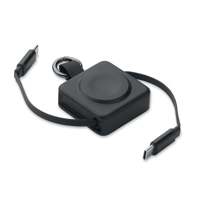 Cable retráctil USB-C de 100W negro con llavero y cargador de smartwatch integrado