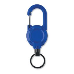 Porta gafete retráctil azul con mosquetón y argolla metálica