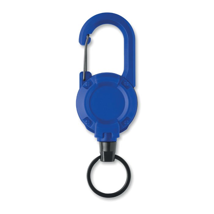 Porta gafete retráctil azul con mosquetón y argolla metálica