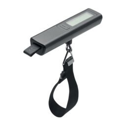 Báscula digital personalizada para equipaje en ABS negro con correa de nylon y gancho metálico