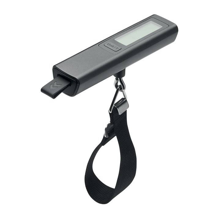 Báscula digital personalizada para equipaje en ABS negro con correa de nylon y gancho metálico