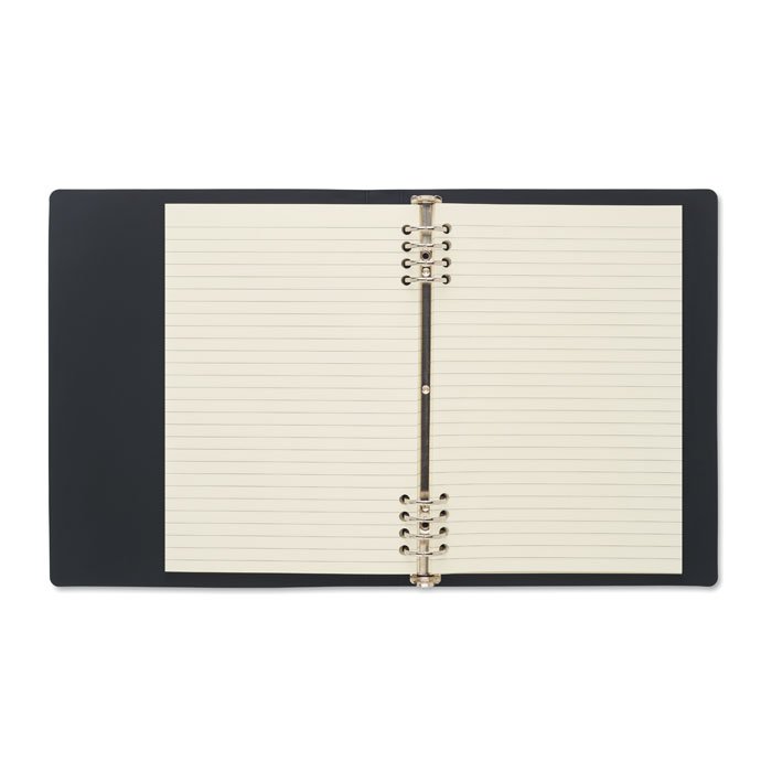 Cuaderno abierto mostrando las hojas rayadas de papel reciclado