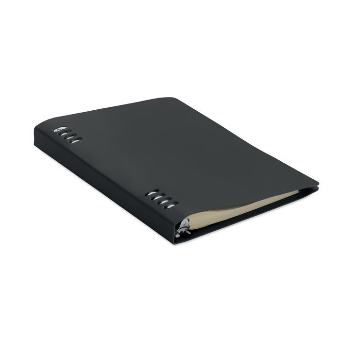Cuaderno A5 recargable negro con cubierta de PU reciclado y anillas metรกlicas