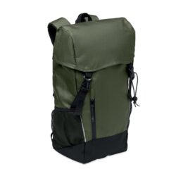 Mochila personalizada El Salvador en poliรฉster RPET verde oscuro con bolsillo frontal y detalles reflectantes