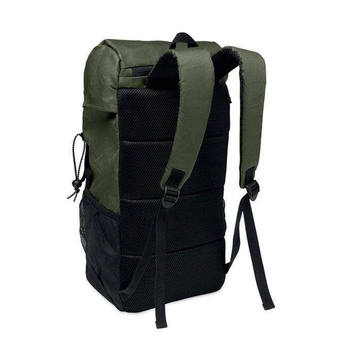 Mochila corporativa negra en RPET 600D con bolsillos laterales de malla