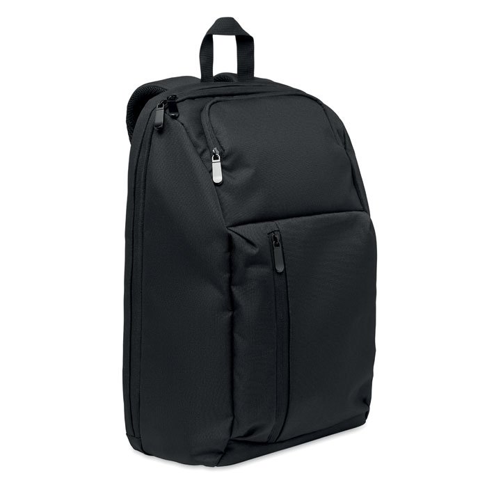 Mochila de viaje para laptop en RPET negro con bolsillos frontales con cremallera
