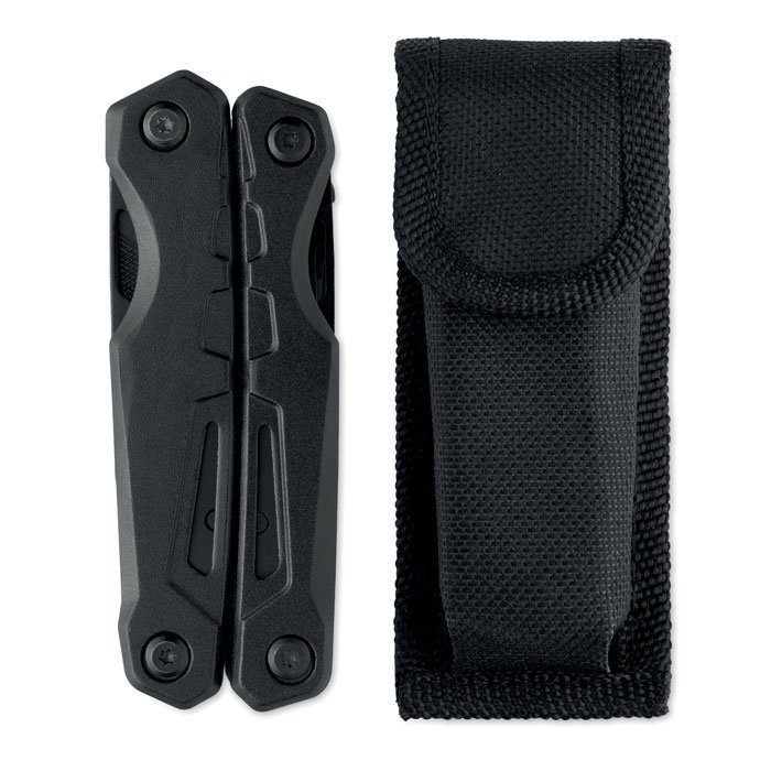 Multiherramienta cerrada junto a su funda de tela