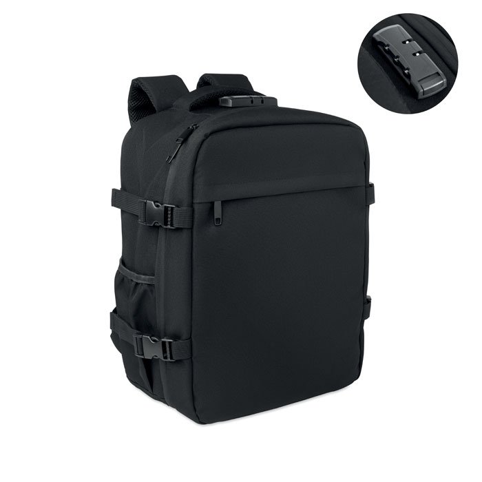 Mochila con candado de combinaciรณn color negro con correas frontales