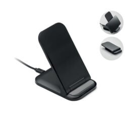 Cargador inalámbrico plegable negro de 15W abierto en posición de soporte