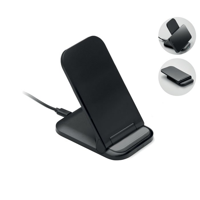 Cargador inalámbrico plegable negro de 15W abierto en posición de soporte