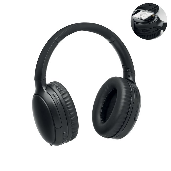 Audífonos plegables con funda color negro, con micrófono y almohadillas acolchadas