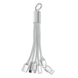 Llavero con cable 5 en 1 de aluminio plateado con cinco conectores