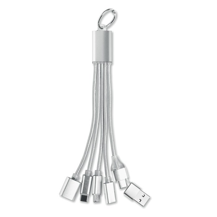 Llavero con cable 5 en 1 de aluminio plateado con cinco conectores