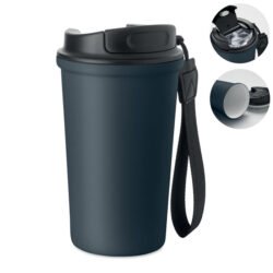 Vaso térmico con interior cerámico color azul navy con correa y tapa antifugas