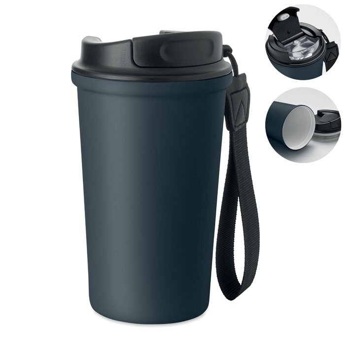 Vaso térmico con interior cerámico color azul navy con correa y tapa antifugas