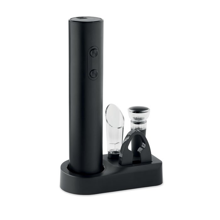 Set de vino personalizado en negro con abridor eléctrico, vertedor y tapón de vacío sobre base