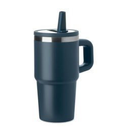 Vaso térmico con asa y pajilla color azul navy de 500 ml en acero reciclado