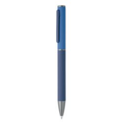 Bolígrafo de aluminio reciclado azul con acabado engomado y clip a juego