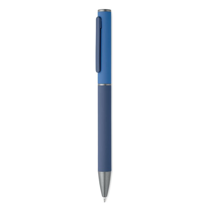 Bolígrafo de aluminio reciclado azul con acabado engomado y clip a juego