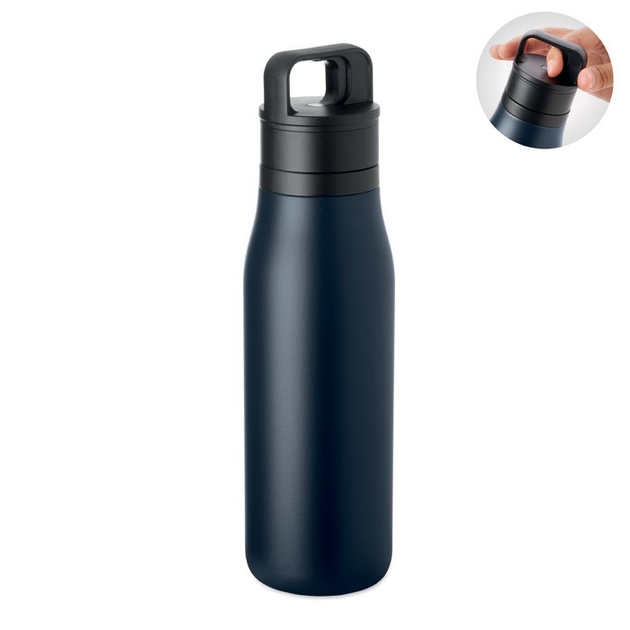 Botella térmica personalizada de 500 ml color azul navy con tapa de asa integrada