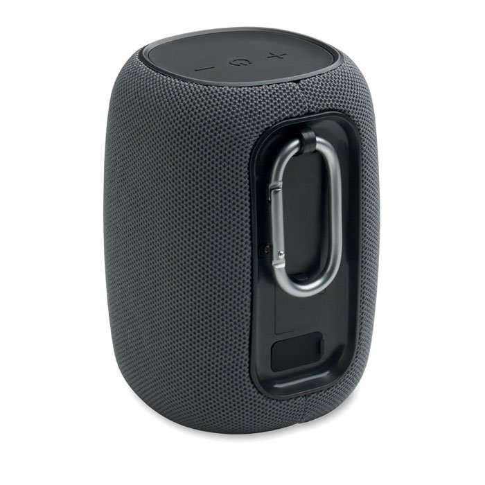Bocina Bluetooth corporativa con mosquetรณn metรกlico integrado y controles superiores