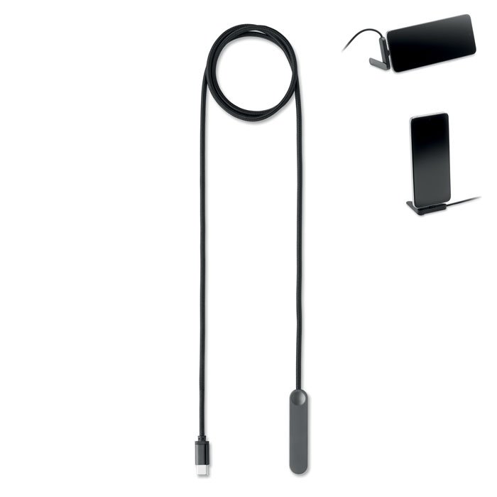 Cable USB-C personalizado negro de 1 metro con pieza de soporte integrada