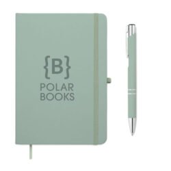 Libreta A5 verde menta con bolígrafo de aluminio reciclado