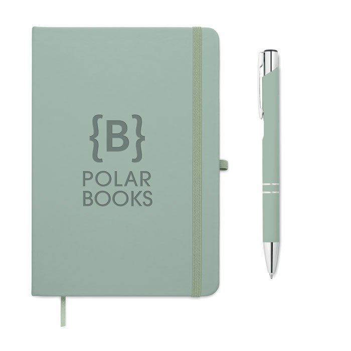 Libreta A5 verde menta con bolígrafo de aluminio reciclado