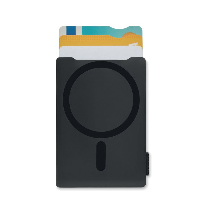 Tarjetero magnético adherido a un teléfono, con logo impreso y tarjetas dentro
