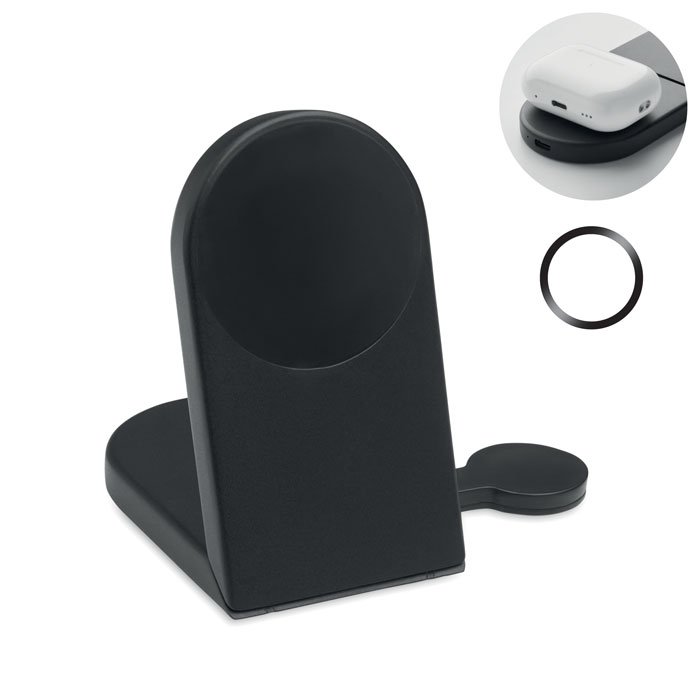 Estación de carga 3 en 1 plegable color negro con soporte para teléfono y base para reloj