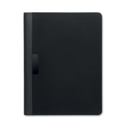 Cartapacio personalizado A4 negro cerrado con placa metálica frontal para grabado