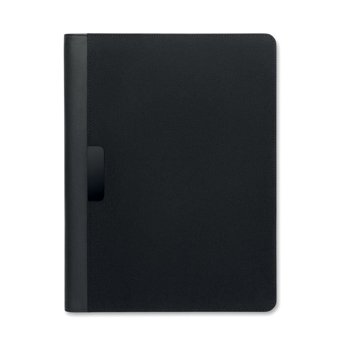 Cartapacio personalizado A4 negro cerrado con placa metรกlica frontal para grabado