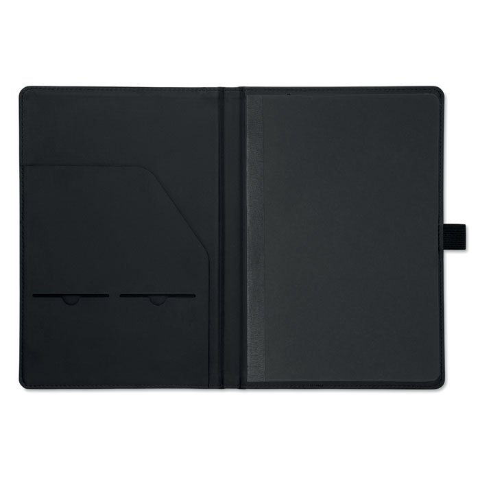 Interior del portafolio con bloc rayado, bolsillo con solapa y porta tarjetas