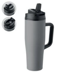 Vaso térmico de 900 ml antifugas color negro en acero reciclado con asa y tapa 2 en 1