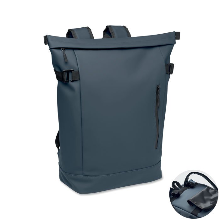 Mochila para bicicleta azul navy con cierre roll-top y bolsillo lateral con cremallera
