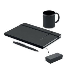 Set de regalo corporativo negro con libreta A5, bolígrafo metálico y taza de cerámica
