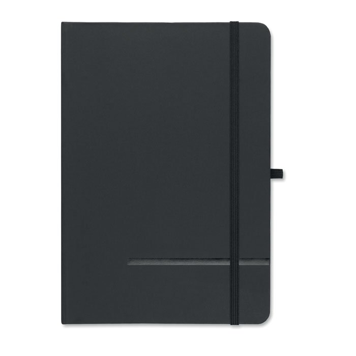 Libreta A5 de tapa rรญgida abierta mostrando las pรกginas rayadas de papel reciclado
