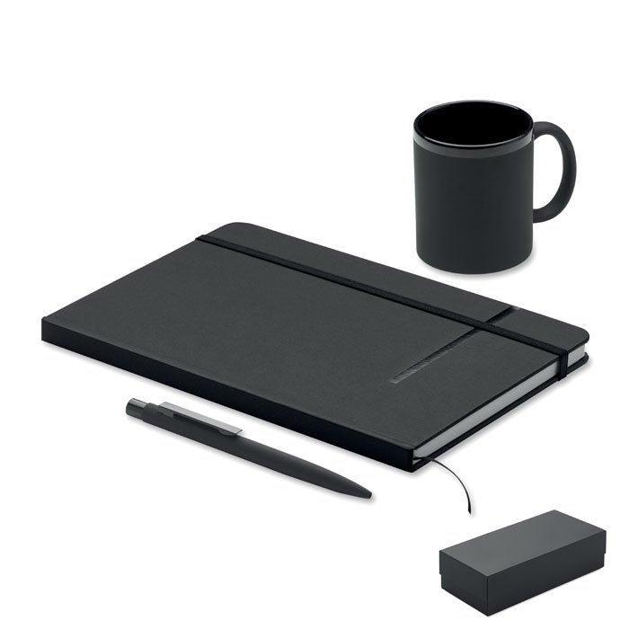 Set de regalo corporativo negro con libreta A5, bolรญgrafo metรกlico y taza de cerรกmica
